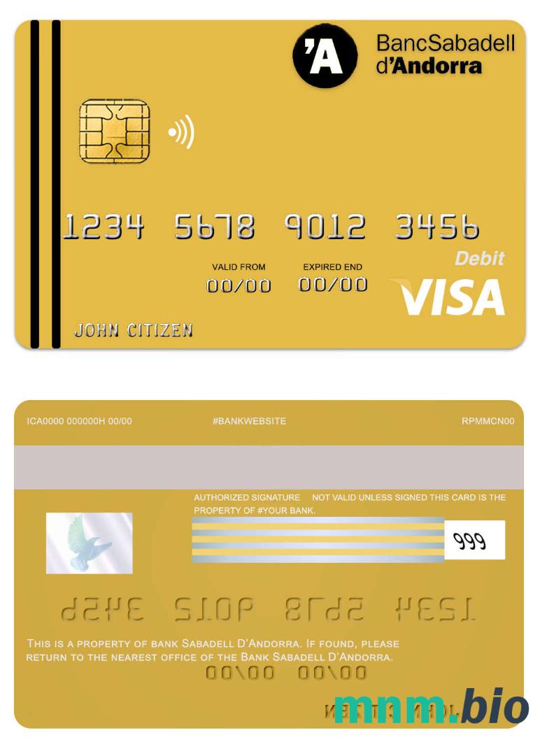 Andorra Sabadell bank przykład karty visa w formacie PSD